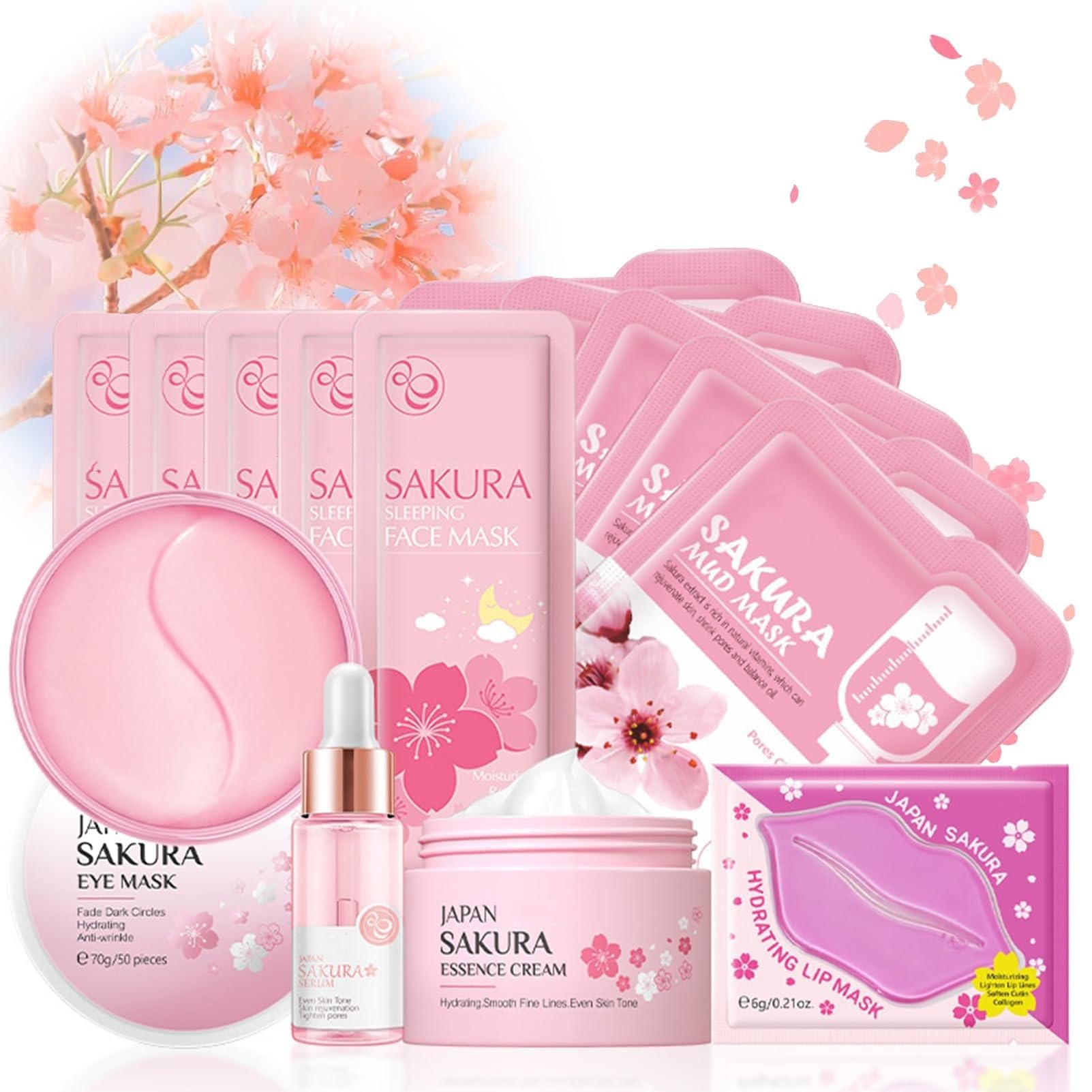 Sakura Skin Care Sets & Kits For Women Gifts, Pamper Sets, Valentine's Day Gifts For Women- Serum,Cream,Sleep Mask,Eye Mask-14PCS