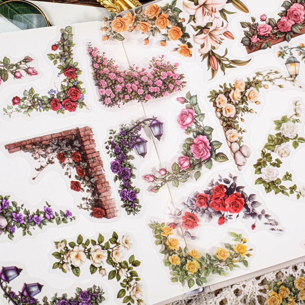 Photo 1 of 180pcs Courtyard Corner Flower Stickers for Scrapbooking Journaling Vintage Flowers Scrapbook Stickers Aesthetic Floral Sticker Pack Scrapbook Kit Junk Journal Supplies Self-Adhesive Decoupage Paper