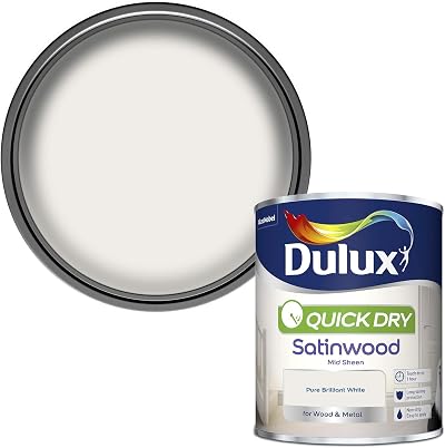 Dulux Quick Dry Satinwood Paint Pure Brilliant White for Wood Metal 750ml