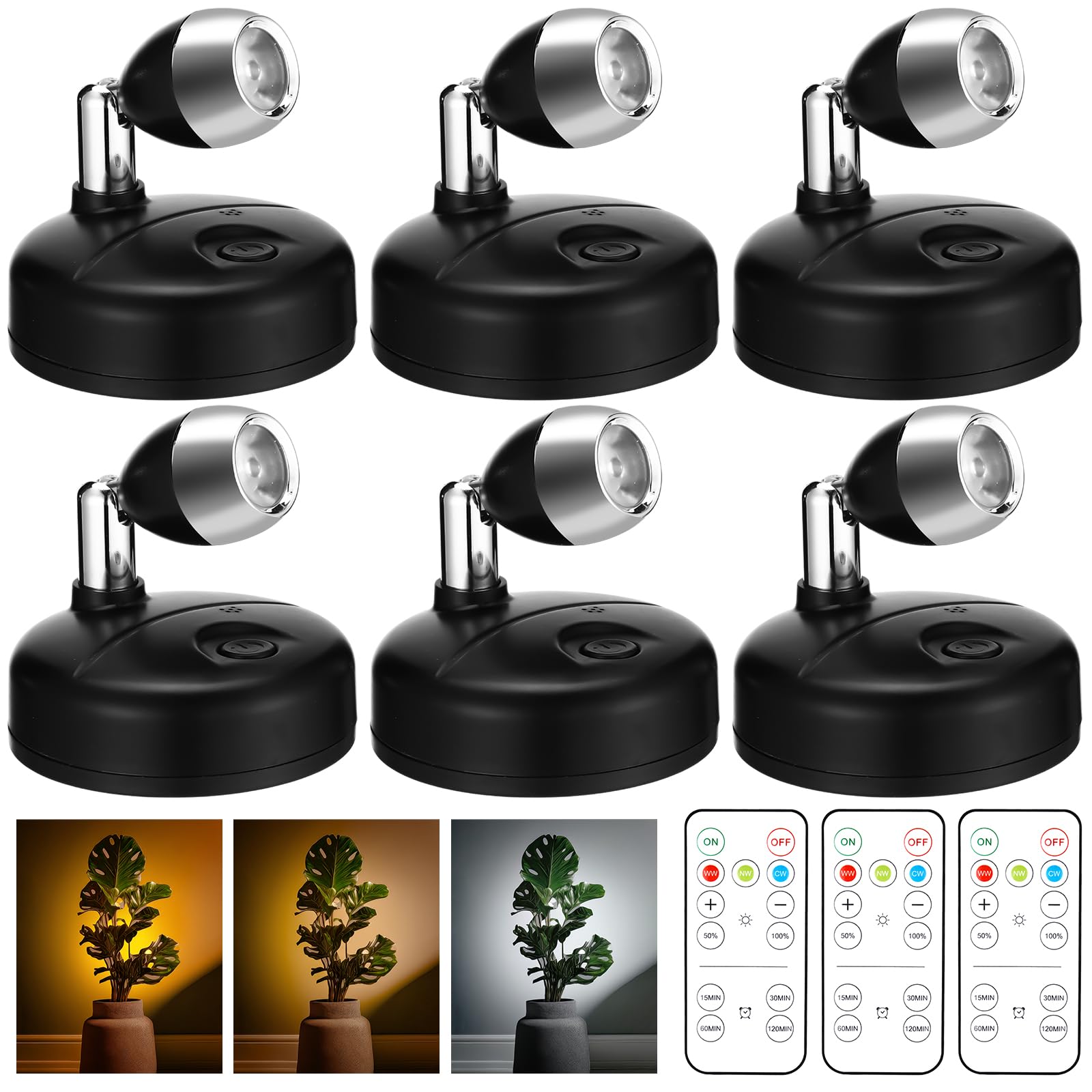 Photo 1 of Hortsun 6 Pcs Mini Battery Operated Spotlights with 3 Remote Indoor Plant Wireless LED Spot Lights Rotatable Dimmable Accent Picture Lights for Wall Artwork Painting Display(Black)