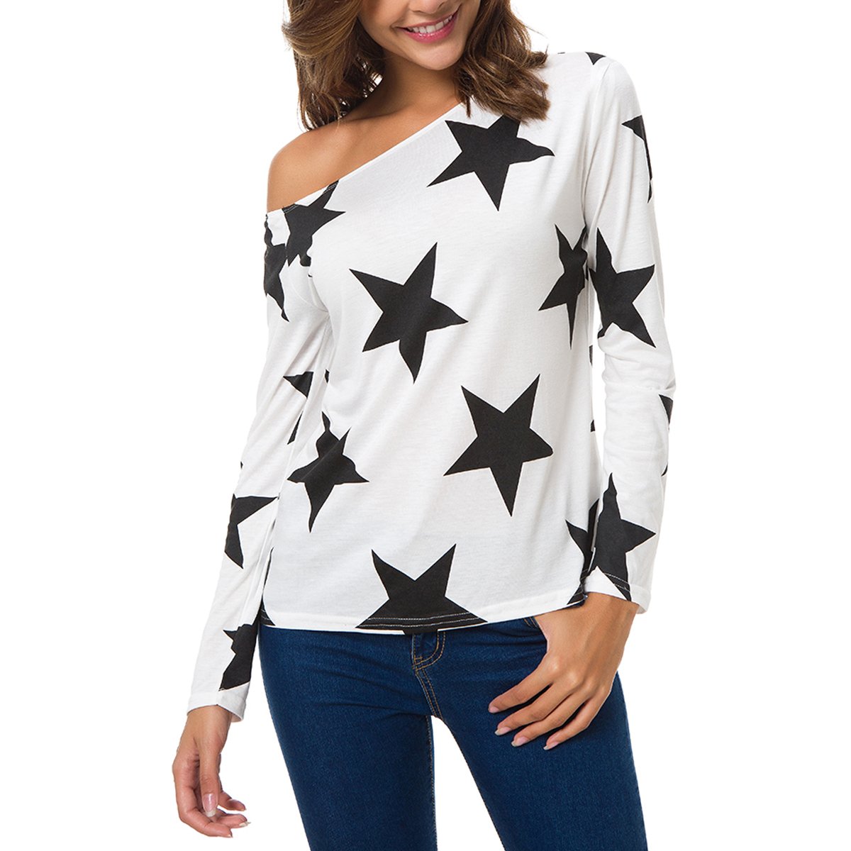 Zumine Women\'s One Off Shoulder T Shirts Star Print Long Sleeve Blouse Tops (L, White)