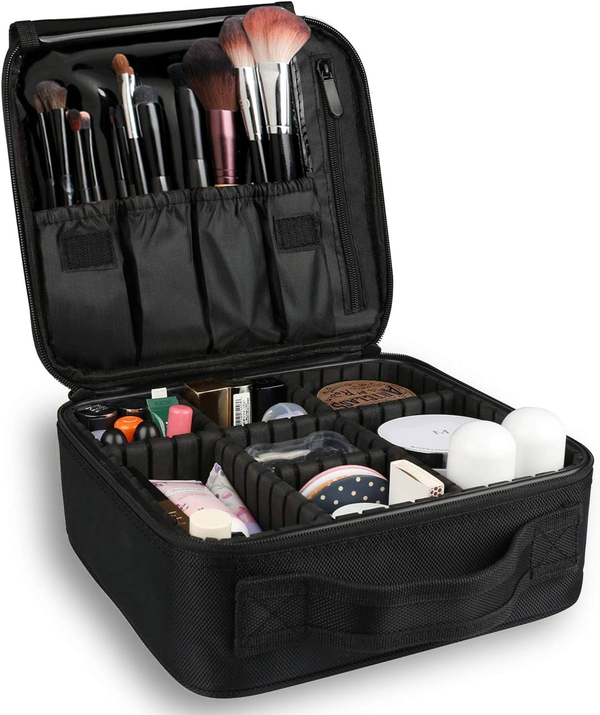 Bvser Travel Makeup Case, Cosmetic Train Case Organizer Portable Artist Storage Makeup Bag with Adjustable Dividers for Cosmetics Makeup Brushes Toiletry Jewelry Digital Accessories - Black