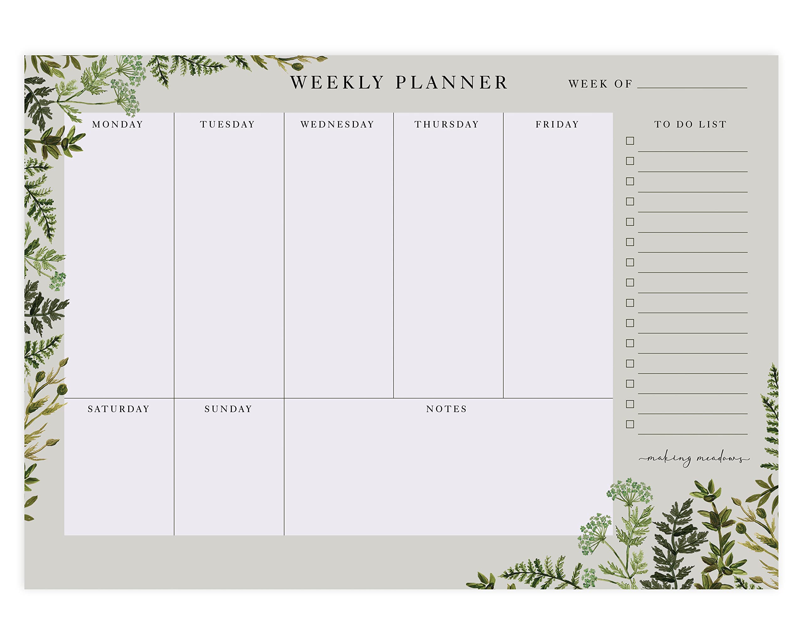 Making Meadows | Green Botanical Weekly Planner Pad | A4 Tear Off Week Planning Pad Notepad with Daily Schedule & To Do List | 50 Undated Sheets & 100gsm Paper | Premium Stationery