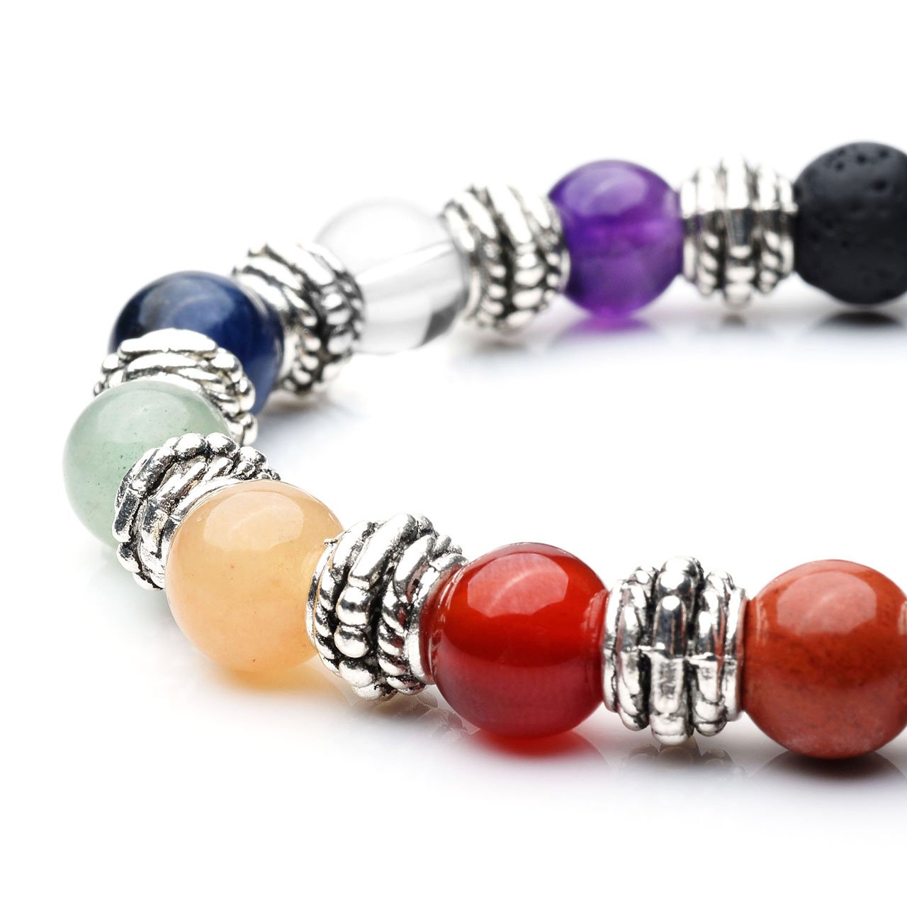 Jovivi 8mm-7 Chakra Pierres Naturelles Laves Perles d\'Energie Bracelet Extensible Elastique Tibétain Bouddhiste avec Pendentif - Set