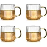 Rxcvkmw 4-Piece Glass Coffee Cup Set, with Handle, Vertical Striped Tea Cup, Coffee Bar Accessories, Ice Coffee Cup