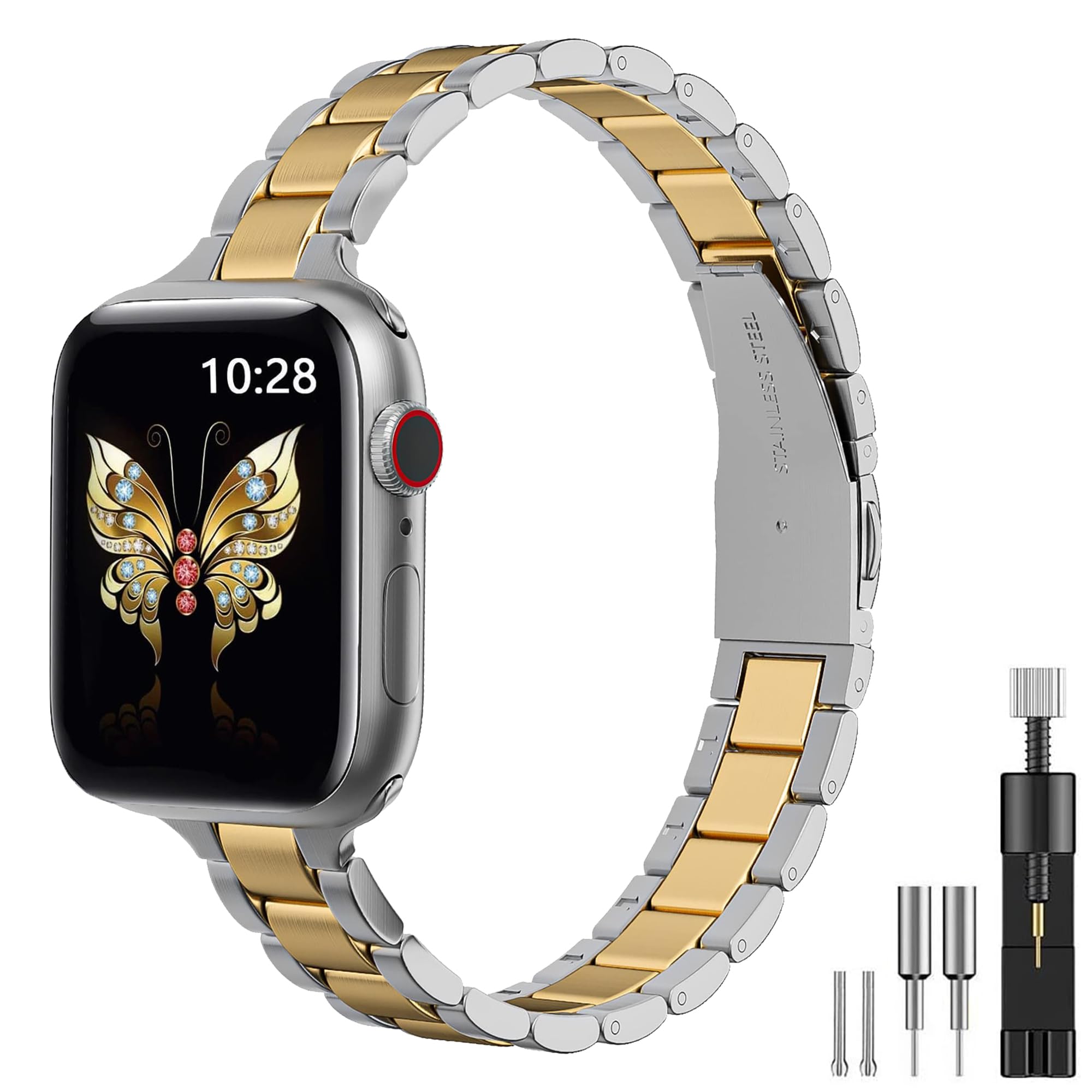 Women Slim Metal Strap Compatible with Apple Watch Straps 38mm 40mm 41mm 42mm 44mm 45mm 46mm 49mm, Stainless Steel Strap with Installation Tool for iWatch Ultra1 2 3, SE Series 11/10/9/8/7/6/5/4 — image 1