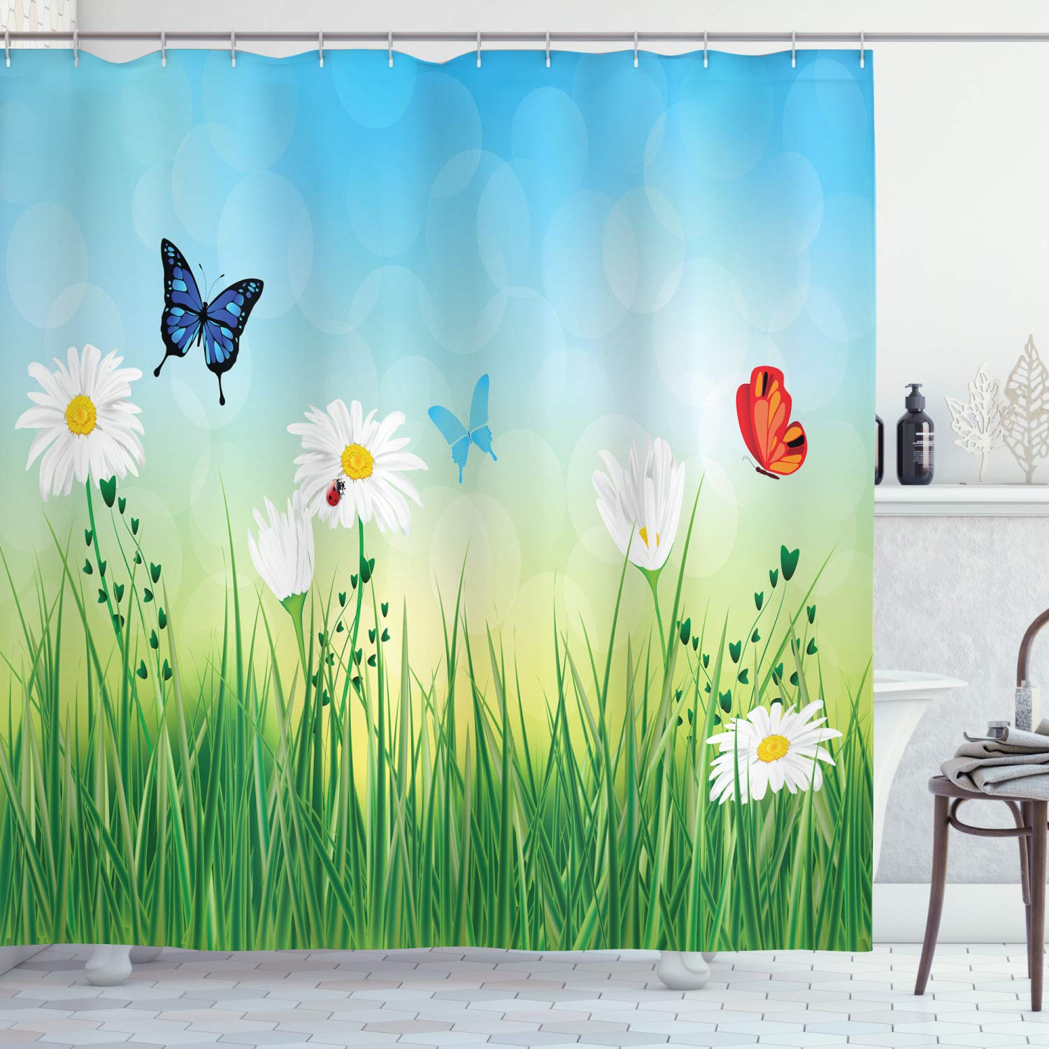 ABAKUHAUS Summer Shower Curtain, Meadow Illustration with Daisies Swallowtail Monarch Butterflies and Grass Pattern, Cloth Fabric Bathroom Decor Set with Hooks, 86 Inches Extra Long, Multicolor