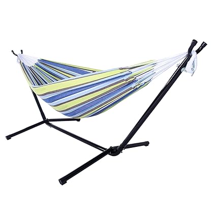 Azadx Double Hammocks Two Person Adjustable Hammock With Space Saving Steel Stand And Portable Carrying Case Desert Stripe Blue Green Strip