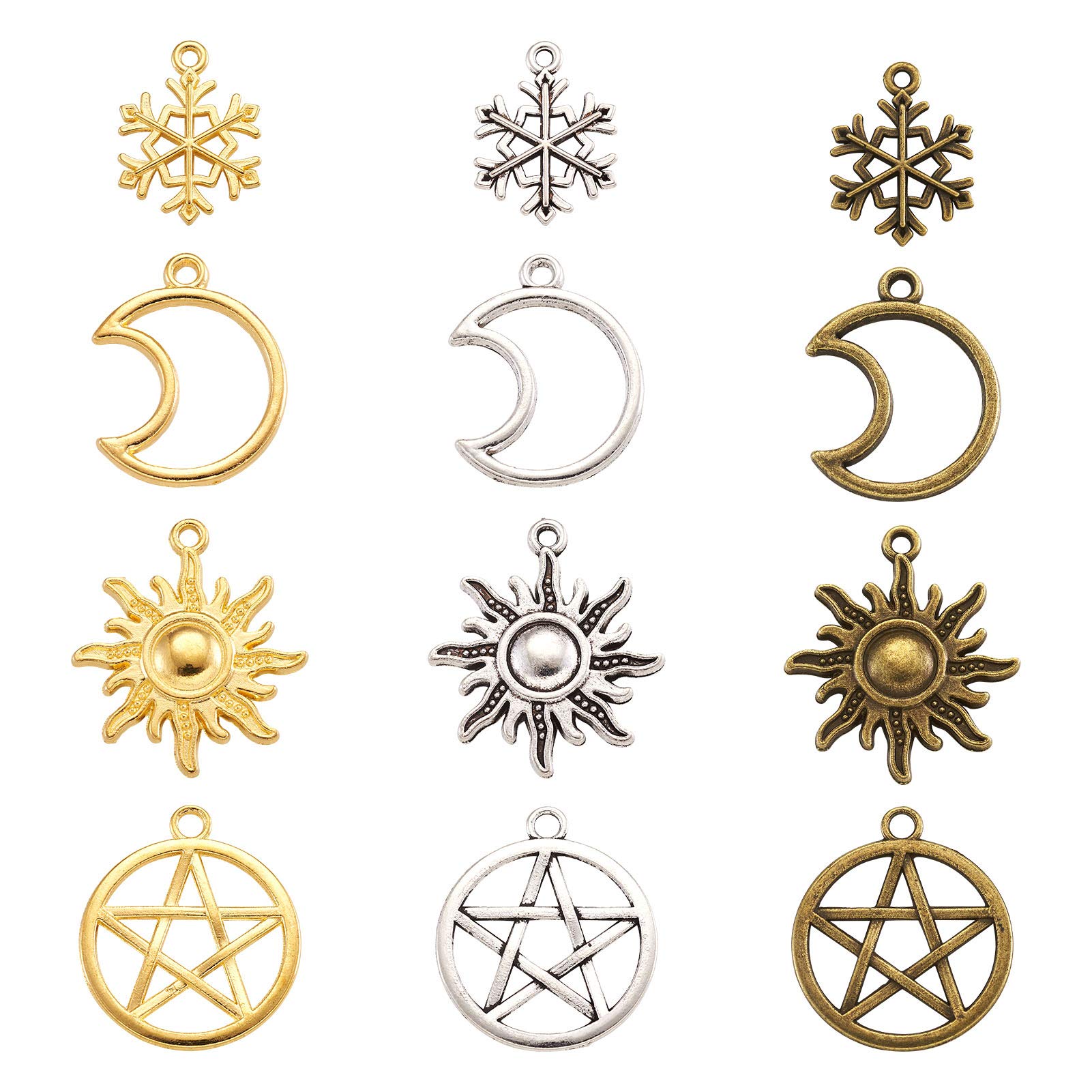Beadthoven 96pcs Tibetan Alloy Charms 4 Styles Moon Sun Star Snowflake Antique Metal Pendants 3 Colors for Necklace Bracelet Choker Jewelry Making Crafting Valentine's Day Supplies