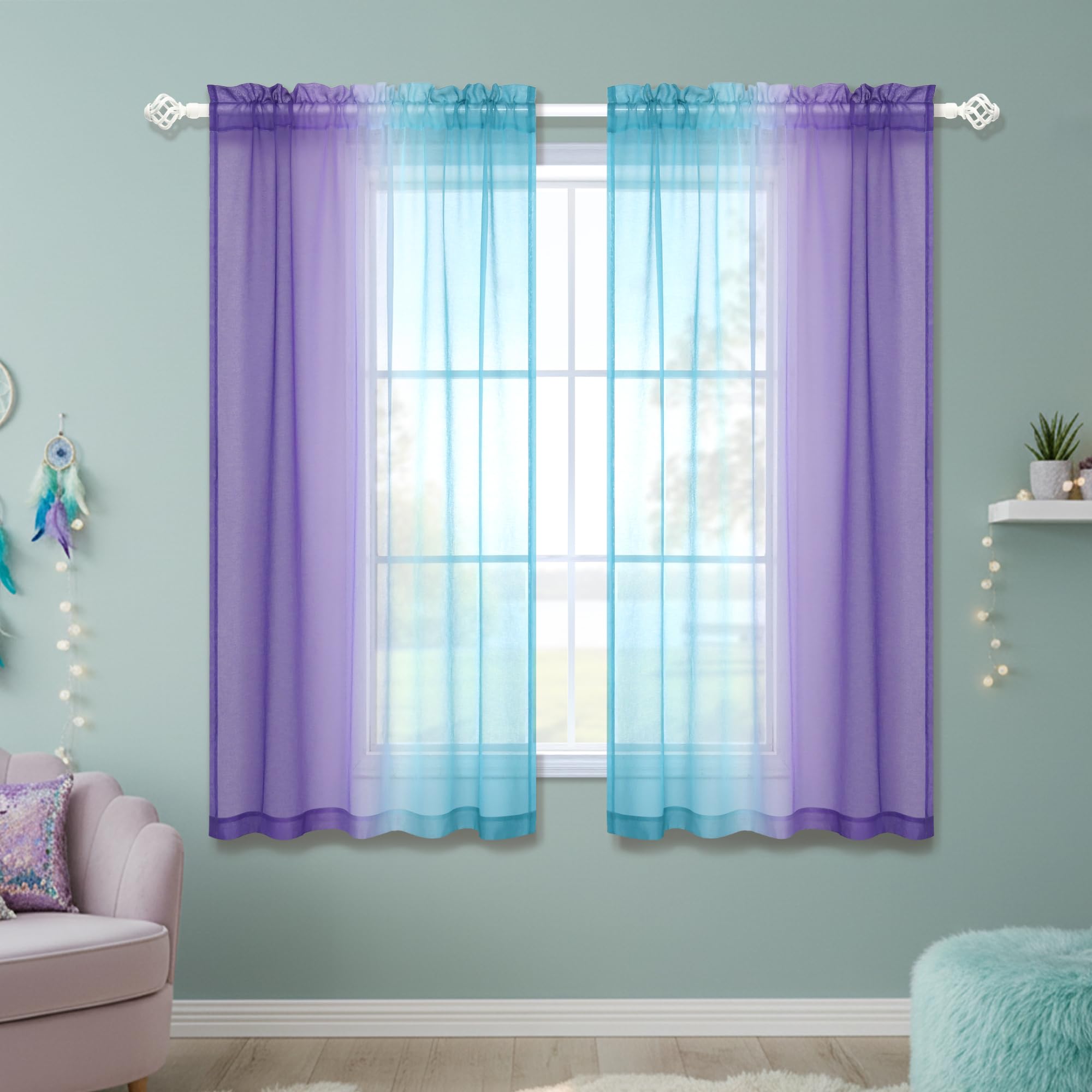 KOUFALL Short Sheer Curtains 45 Inch Length for Bathroom Decor Set of 2 Panels Rod Pocket Half Small Ombre Rainbow Colorful Curtains for Kitchen Windows Bedroom Light Purple and Aqua Teal Turquoise