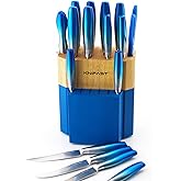 Knife Set With Block, KNIFAST Full Tang 17-Pieces Kitchen Knife Set With Block Wooden German Stainless Steel Cutlery With Knife Sharpener & 6 Steak Knives (Blue)