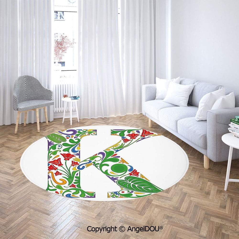 Homenon Round Area Rug for Living, Bedroom, or Dining Room - Vivid Color Scheme Natural Inspirations Flowers Leaves Stalks Uppercase K (5'Diameter)