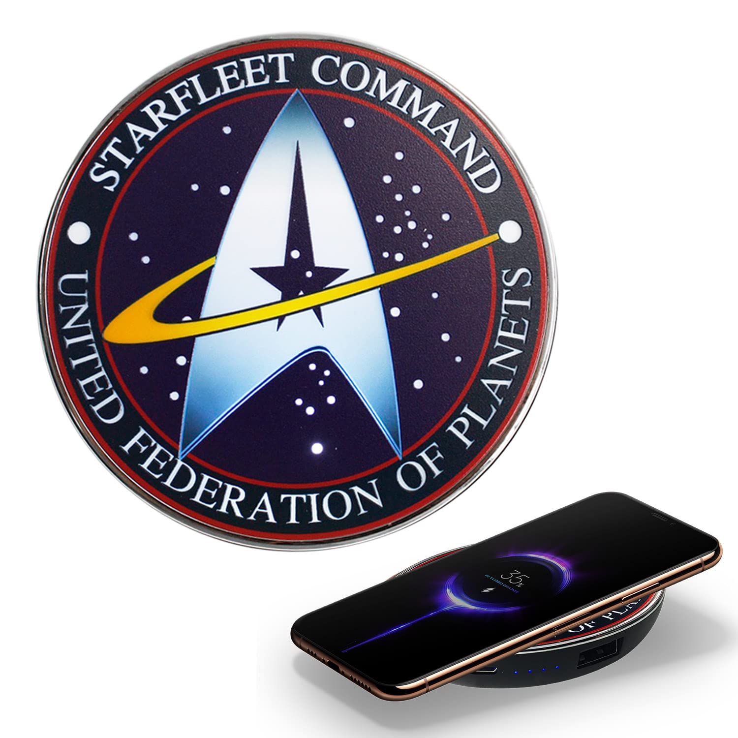 FAMETEK Star Trek Qi Wireless Charger with 8000 mAh Backup Battery Pack for Wired and Wireless Charging. Portable Wireless Phone Charger with Starfleet Illuminated Logo