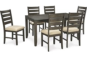 Signature Design by Ashley Rokane 7-Piece Dining Room Table Set with 6 Upholstered Chairs - Brown Wood 20" Rectangular Table & Chair Set for Kitchen Dining Room