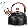 Tea Pot Stovetop, 85 OZ / 2.5 L Whistling Tea Kettle for Stove Top, Food Grade Stainless Steel Water Kettle with Wood Pattern Handle for Coffee/Tea/Milk etc, Kettle Pot Gas Electric Applicable (Black)