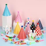 Opopark 11pcs Birthday Cone Hats with Pom Poms 9 Hats 2 Crowns 15 Blowouts view 4