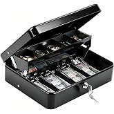 KYODOLED Cash Box with Money Tray and Key Lock, 1mm Thick Metal Cash Drawer | Portable Cold-rolled Steel Money Box, Windproof Bill clips &amp; Auto-Pop Coin Tray for Garage Sales &amp; Small businesses, 11.8"