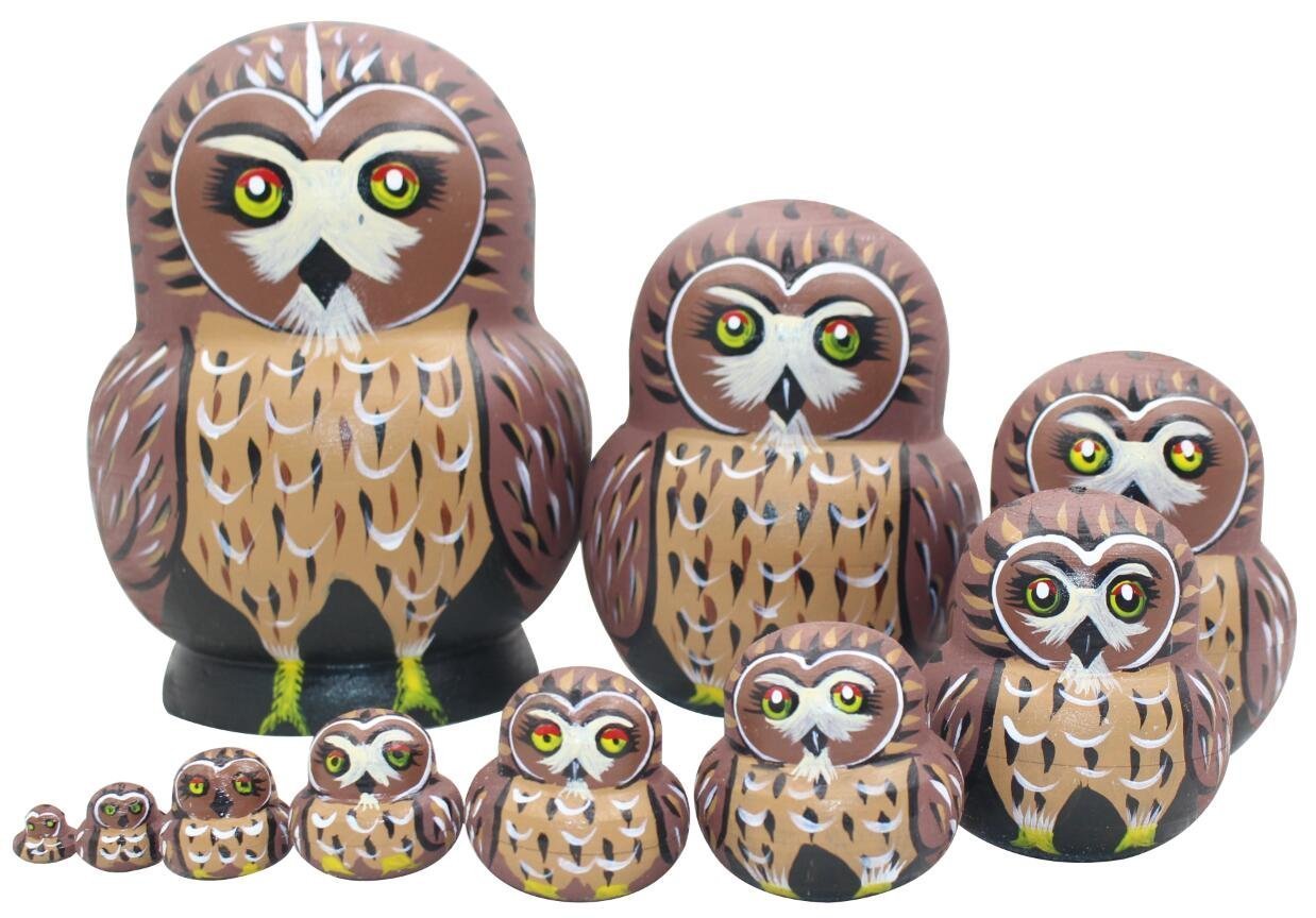 Winterworm Set 10 Pcs Cute Owl Animal Theme Wooden Stacking Toy Nativity Nesting Dolls Handmade Matryoshka Doll Kids Toy Gift