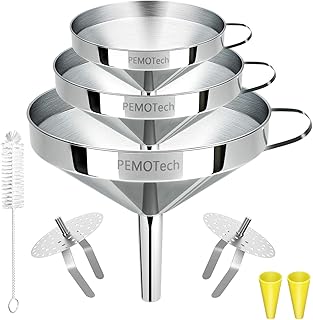 PEMOTech Edelstahl-Trichter, 3 Stück Edelstahl Trichter Strainer Filter Set mit Griff für die Übertragung von flüssigen Zutaten,trockenen Zutaten und Pulver,zubehör mit 1 Reinigungsbürste,11/13/15 cm