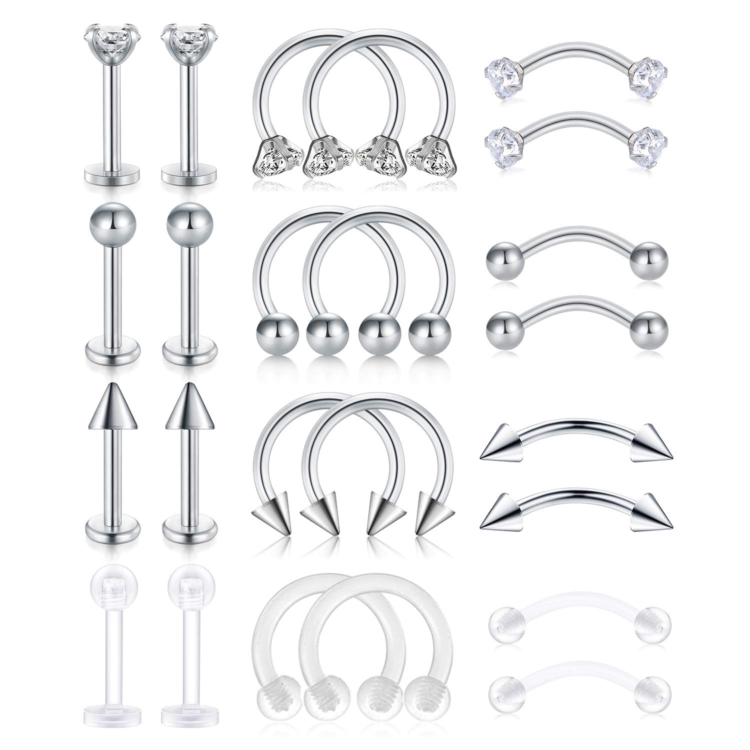 LAURITAMI 24pcs Cartilage Helix Tragus Earrings Rings Studs Surgical Steel CZ Pearl 8mm 16G Curved Barbell Horseshoe Hoops Lip Labret Piercing Jewellery