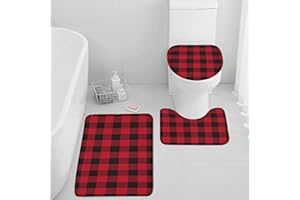 Easternproject 3 Piece Black and Red Buffalo Plaids Checked Bath Mat Set Merry Christmas Bathroom Rug Sets Winter Decorations Non Slip Water Absorbent U-Shaped Contour Toilet Mat, Toilet Lid Cover
