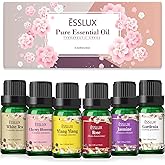 Essential Oils Set, ESSLUX Floral Essential Oils for Diffuser, Massage & Candle Making, Natural & Long-Lasting Scents - Rose, Jasmine, Gardenia, Ylang-Ylang, White Tea, Cherry Blossom, 6 * 10ml
