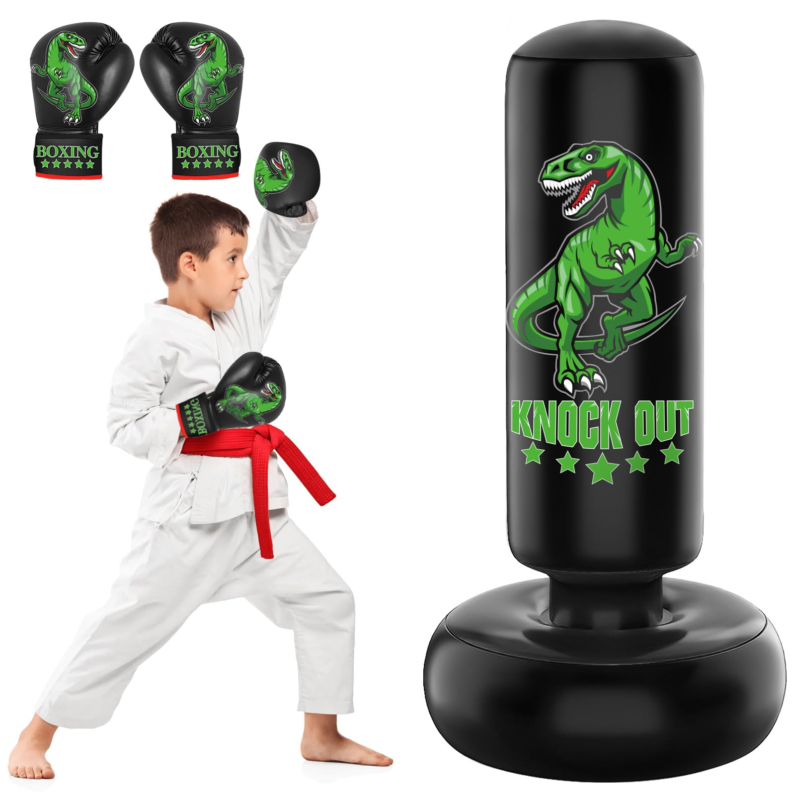Photo 1 of JUOIFIP Larger Stable Dinosaur Punching Bag for Kids, 66" Tall Sports Kids Teens Inflatable Punching Bag with Boxing Gloves, Gifts for Boys & Girls Age 5-12 for Practicing Karate, Taekwondo, MMA