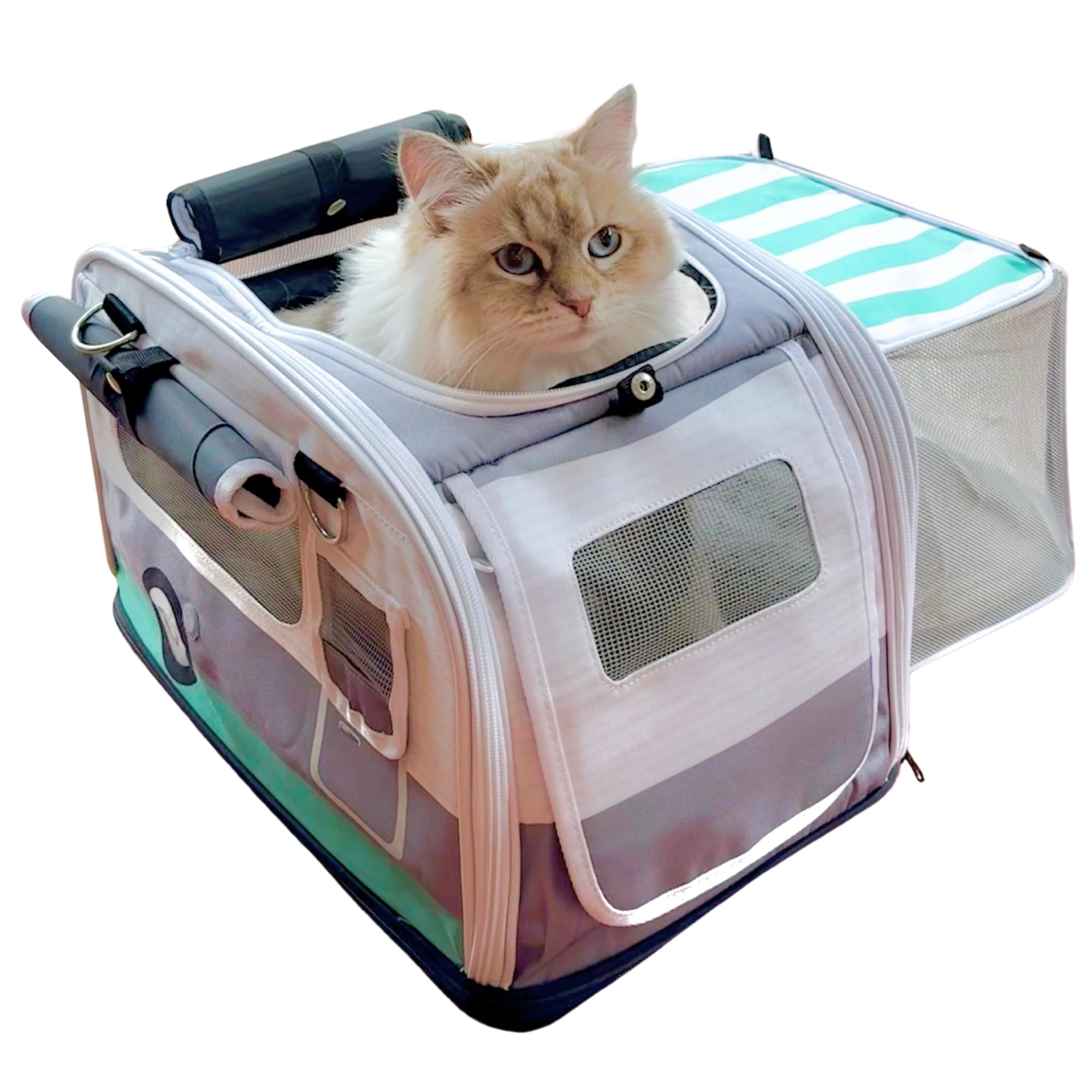 Kittyrama Soft-Sided Cat Carrier with Expandable Hideaway | Escape-Proof SBS Zips | 10 kg Capacity | Vet Approved | Top & Side Entry | Washable Mattress | 44×28×28 cm