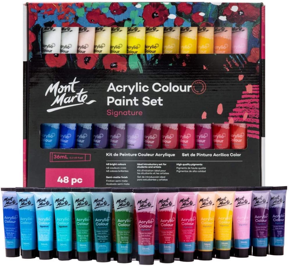 Mont Marte Signature Acrylic Paint Set, 48 Colors x 36 ml, Semi-Matte Finish, Suitable for Canvas, Wood, MDF, Leather, Air-dried Clay, Plaster, Cardboard, Paper and Crafts