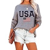 Lacozy Womens Sweater Crewneck USA Graphic Long Sleeve Tops Lightweight American Flag Sweatshirt 4th of July Outfits