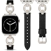TOYOUTHS Leather Band Compatible with Apple Watch Bands Women 38/40/41/42/44/45/46/49mm Dressy Slim Leather Strap with Boho Metal Buckle Bracelet for iWatch Series 11 10 9 8 7 6 5 4 SE/Ultra 3 2 1
