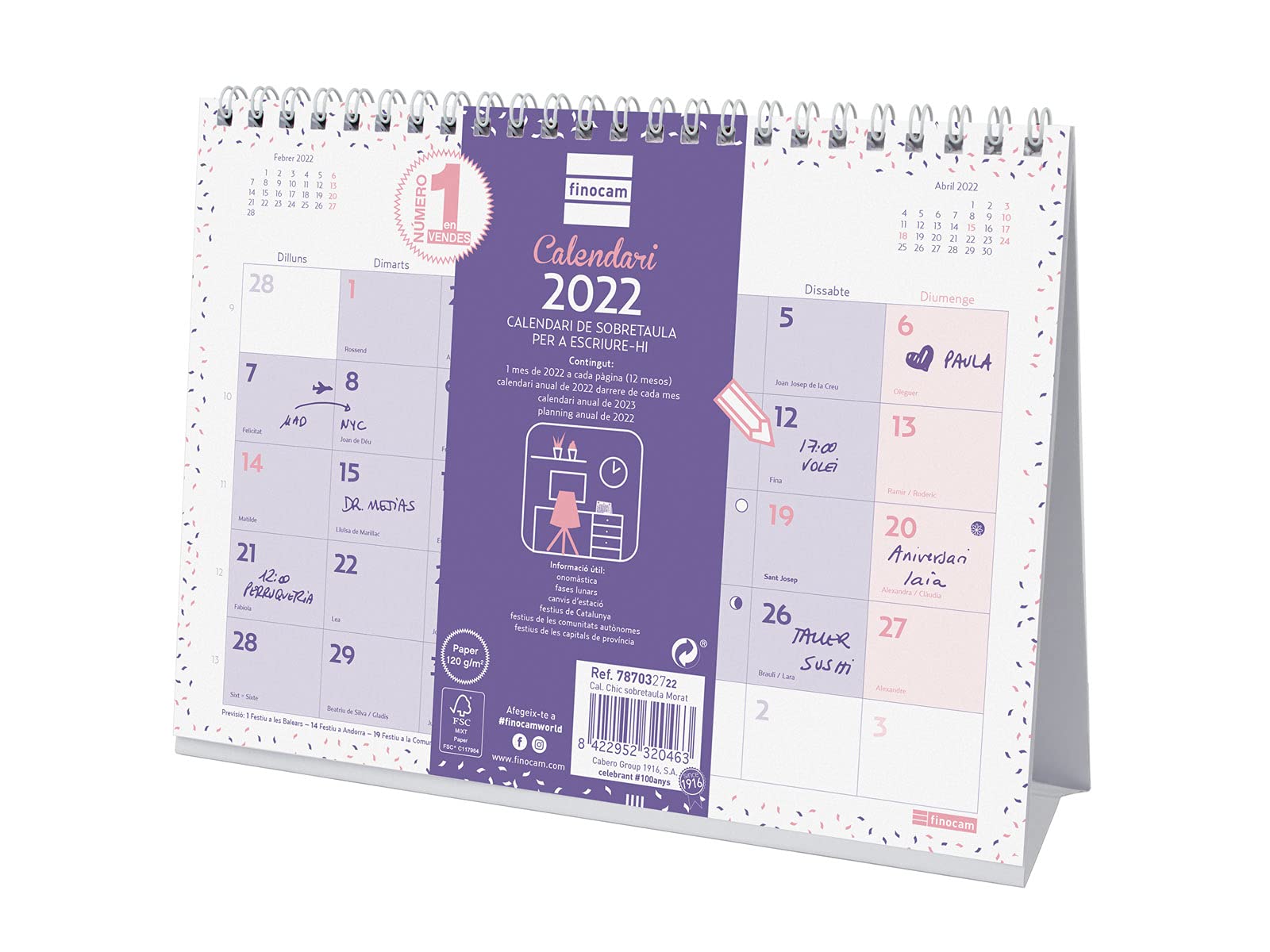 Finocam - Calendar 2022 S - 210 x 150 mm Chic Desktop for Writing Purple Catalan