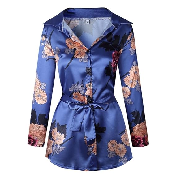 GreatestPAK Blumendruck Damen Bluse Satin Seide lose Damen Kleid mit V-Ausschnitt T-Shirt