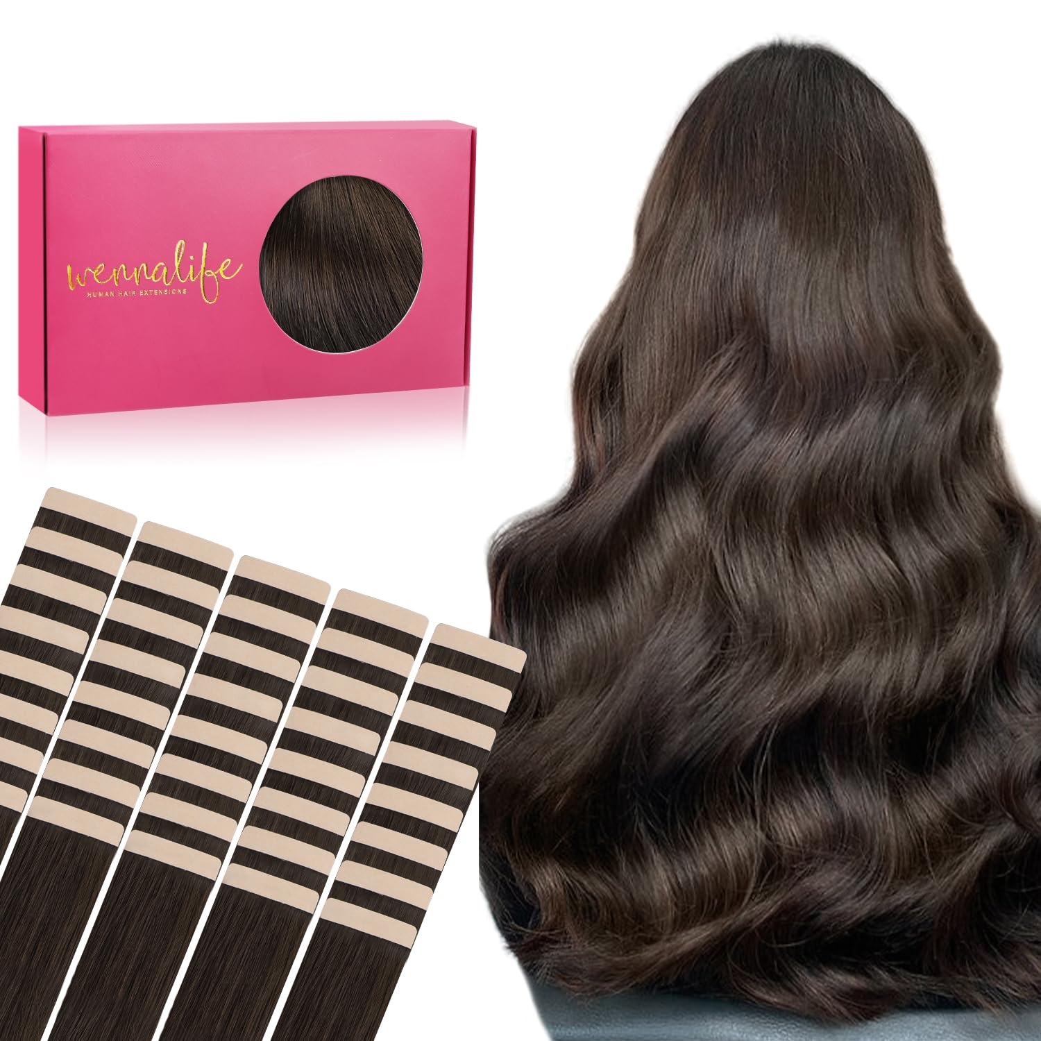 WENNALIFE Tape in Hair Extensions Human Hair, 14inch 40pcs 98 Light Dark Brown Real Human Hair Tape Extensions — image 1
