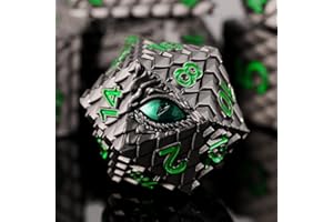 HANDAN Metal Dice Set D&D,7 PCS Dragon Scale Metallic DND Dice Set,Dragon Eye Metal Dice with Grogeous Gift Case for Dungeons and Dragon Tabletop Game (Black Dragon Scale & Green Eye)