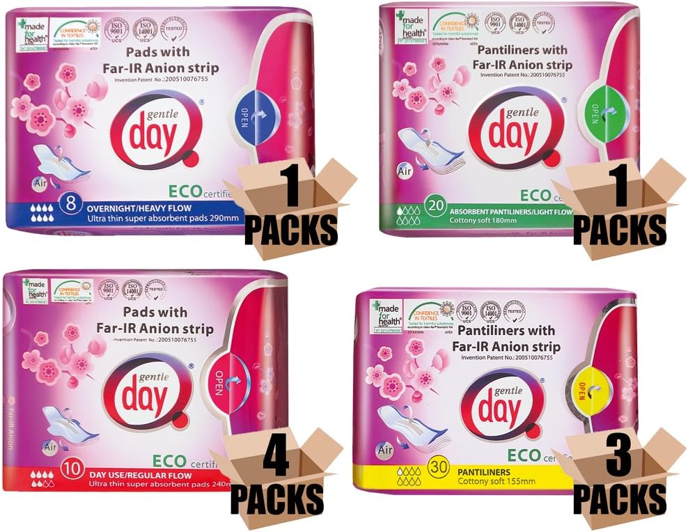Patented Gentle Day® Far-IR Anion ECO Certified Day use Pads (Towels) 4x10, Night use Pads (Towels) 1x8, absorbant pantiliners 1x20, pantiliners 3x30