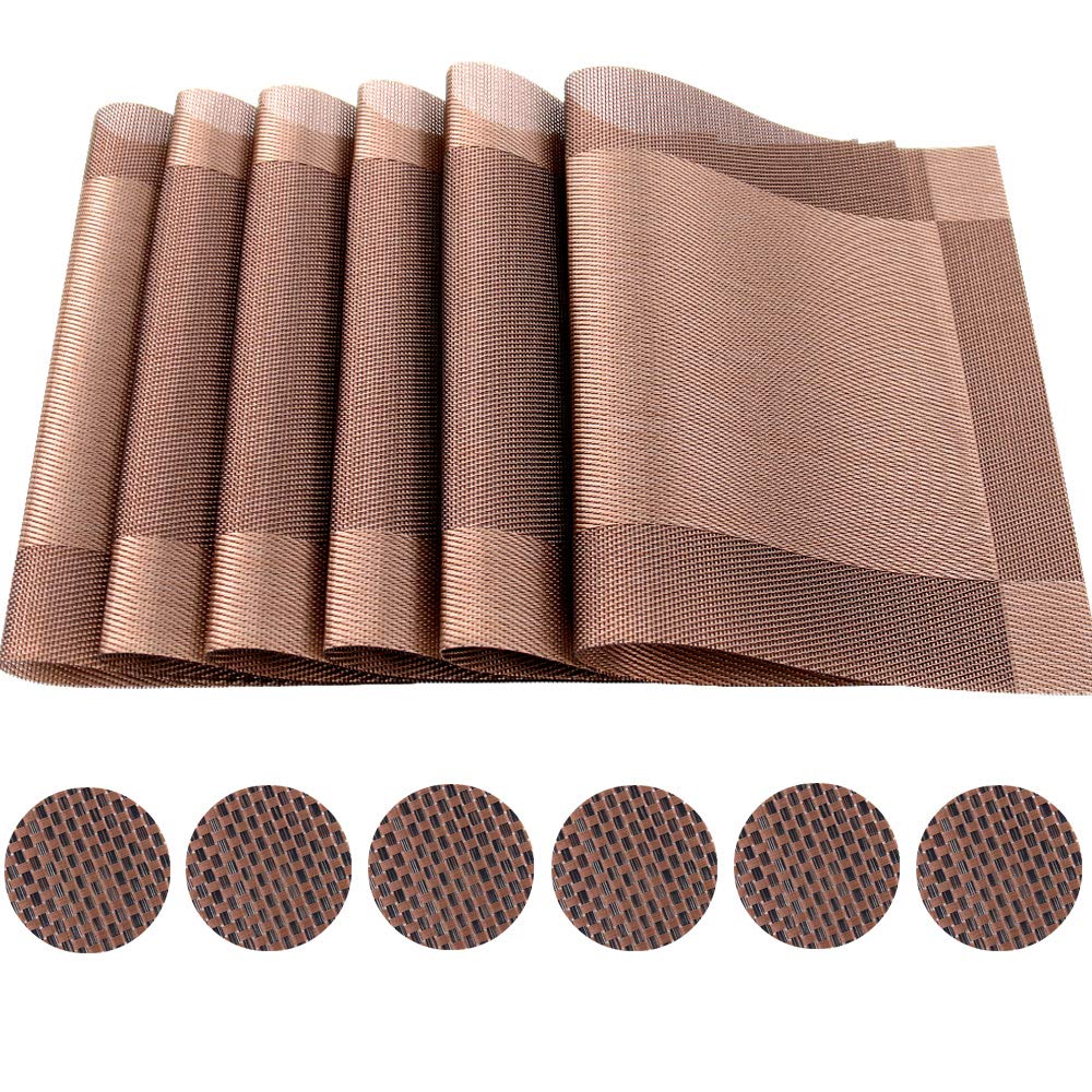 Time to Sparkle Set of 12 PCS Vinyl Woven 6pcs Placemats + 6pcs Coasters Place Mats Non slip Table Mats Waterproof Heat-resistant Dining Table Mats Decor (Brown) — image 1