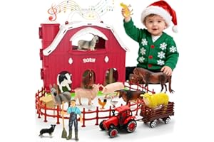 KIMICARE Red Barn Toys for Toddlers 1-3, Farm Animal Figures Playset with Tractor for 2 3 4 5 Year Old Kids, Musical Preschool Montessori STEM Learning Toys, Easter Christmas Birthday Gifts for Boys Girls