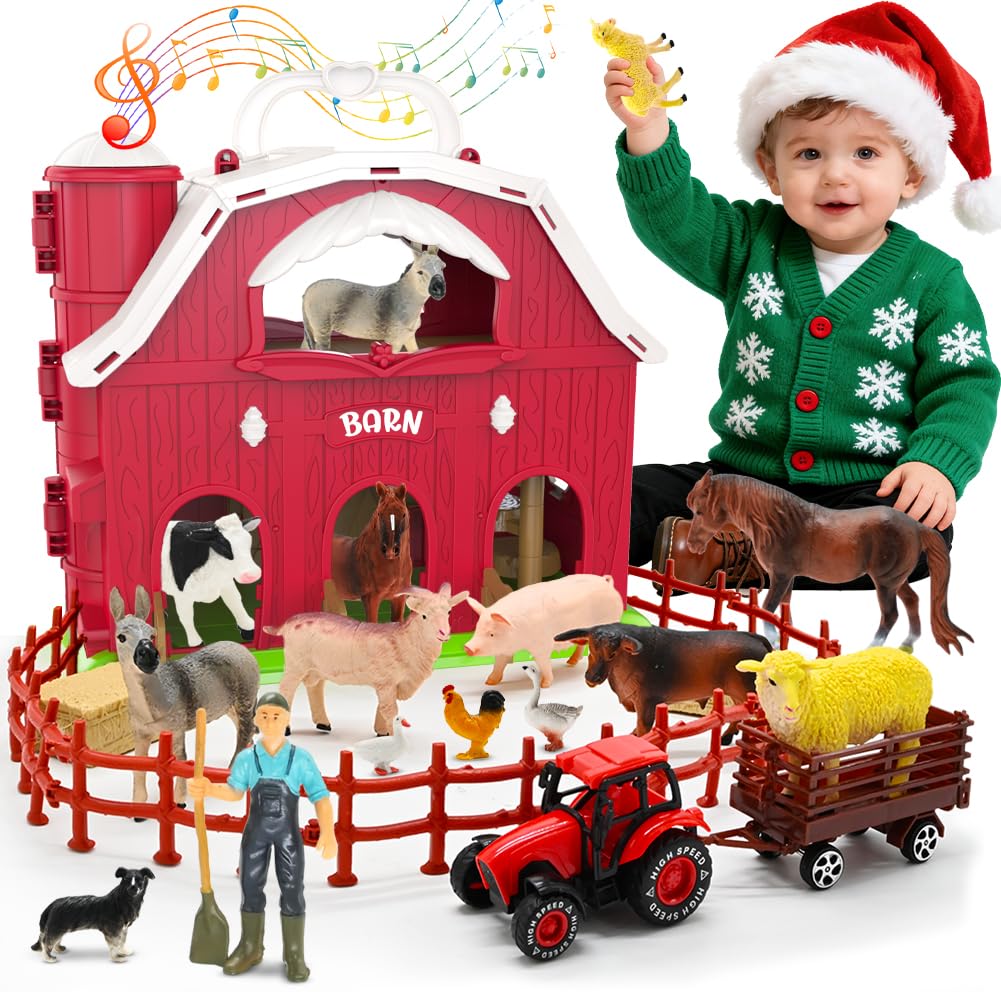 Big Red Barn Toys for Toddlers 1-3, Farm Animal Figures Playset with Tractor for 2 3 4 5 Year Old Kids, Musical Preschool Montessori STEM Learning Toys, Christmas Birthday Easter Gift for Boys Girls
