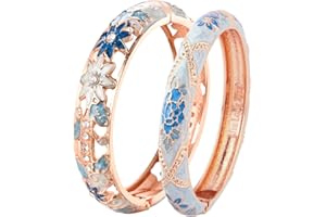 wynameleri Vintage Jewelry Cloisonne Handcrafted Enameled Gorgeous Rhinestone Rose Hinged Cuff Bracelet Bangles Gifts 88A-55A128