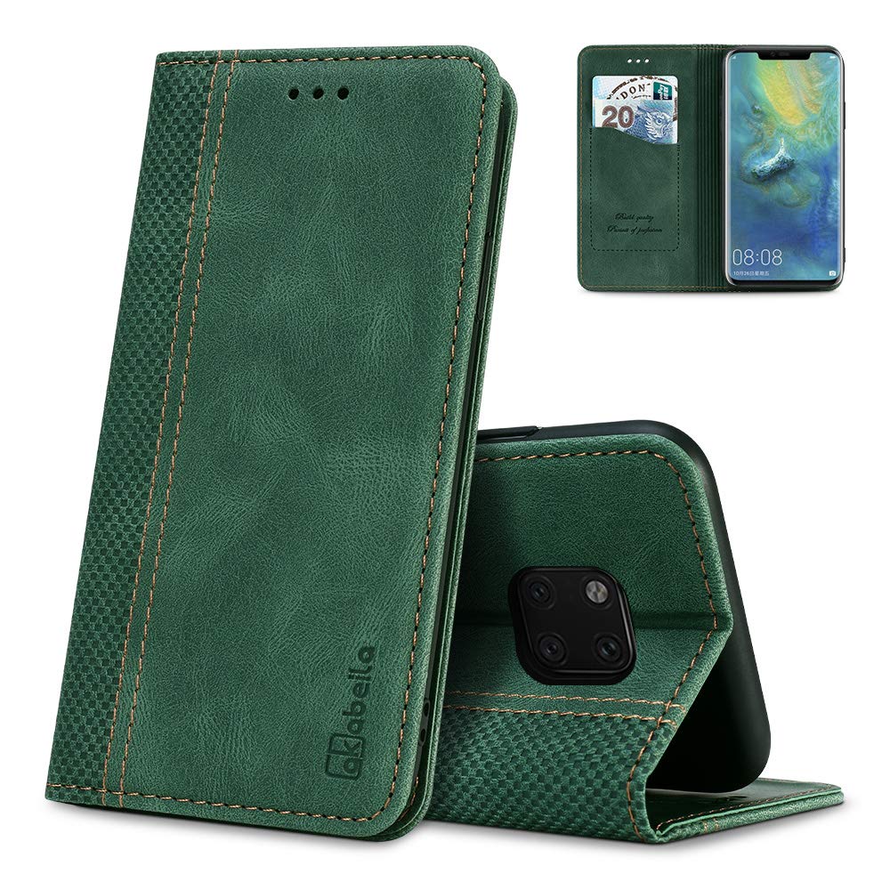 AKABEILA Case for Huawei Mate 20 Pro Case PU Leather Flip Wallet Case with Magnetic Closure Kickstand Card Slots Phone Case Cover Holder Protective Shockproof Green