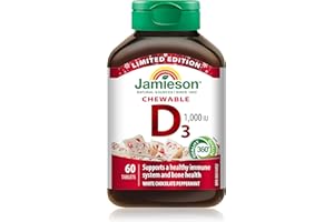 Jamieson Chewable Vitamin D3 1,000 IU White Chocolate Peppermint, Limited Time Offer, Seasonal, Supports Immune Health and St