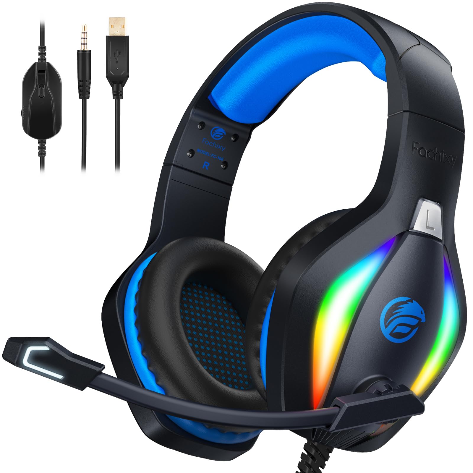 Fachixy FC100 Gaming Headset with Microphone for PS4, PS5, Switch, Xbox, PC, Mac, Gamer Headset with RGB Light, Computer Headphones with Mic