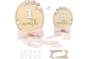 ONNIBE Baby Monthly Milestone Wooden Sign with Numbers and Stand – Natural Wood Milestone Board for Newborn Monthly Growth Photos – Cute 3D Flowers Photo Prop for Baby Milestone Memories (Light Pink Ribbon)