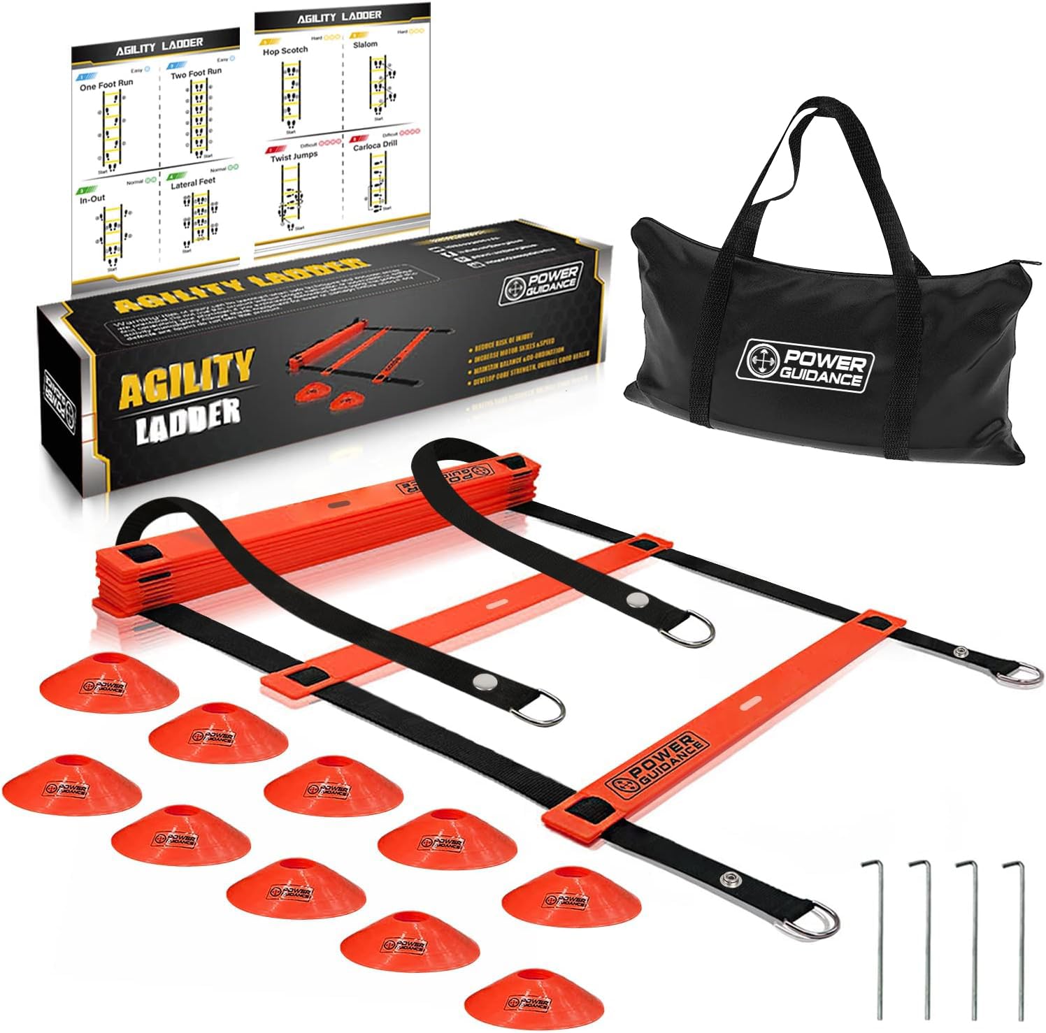 POWER GUIDANCE Agility Ladder (20 Feet) for Speed Agility Training & Quick Footwork Exercise - with 12 Plastic Rungs, 4 Pegs, Carry Bag & 10 Sports Cones (Red)