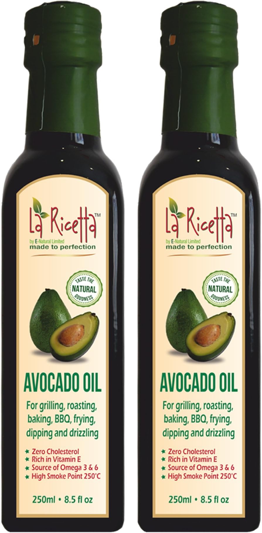La Ricetta Avocado Oil - Zero Cholesterol - 100% Natural for Healthy Cooking, Roasting, Baking, Drizzling, Dipping, BBQ and Frying - 2 x 250 ml - Charitable Product
