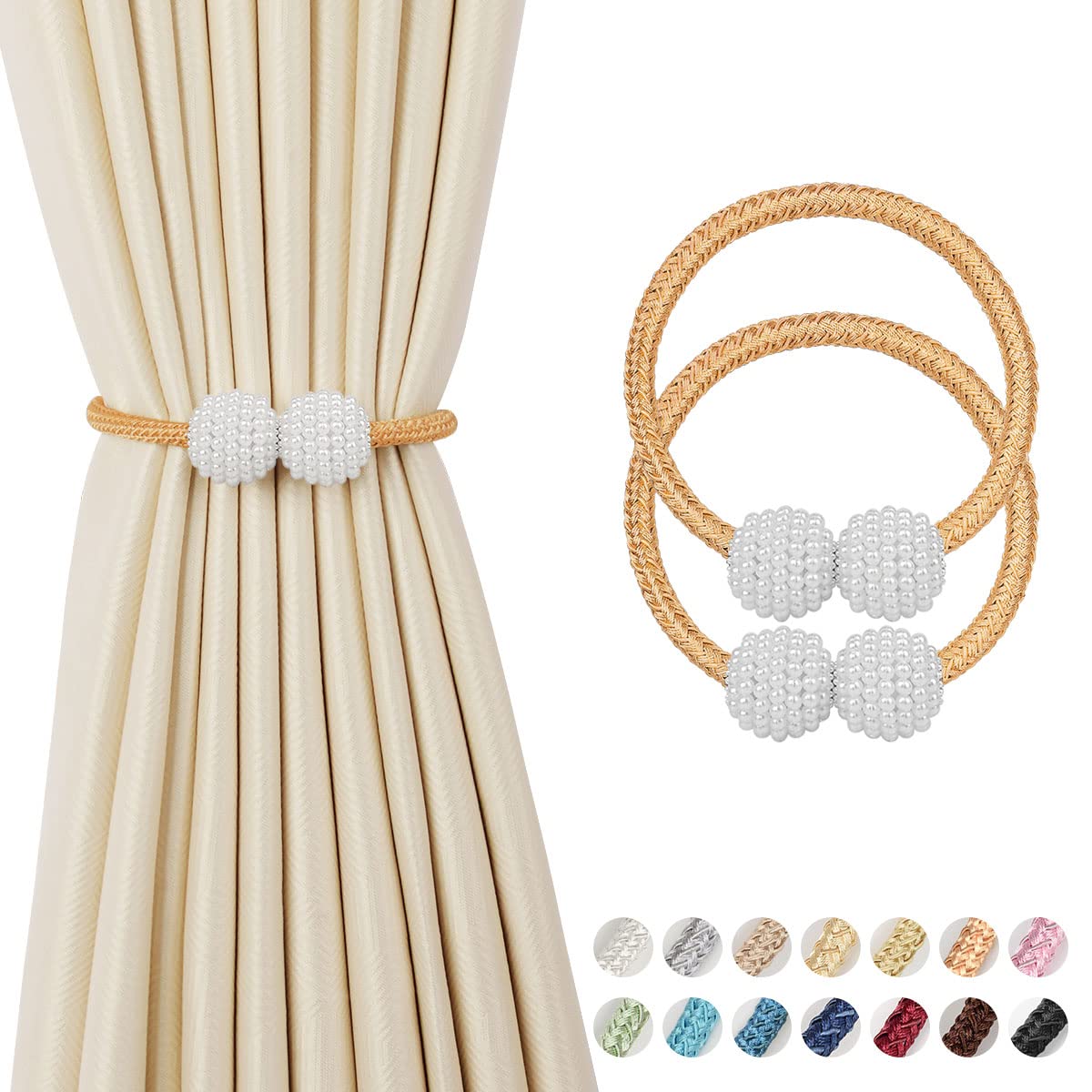 2 Pieces Magnetic Curtain Tie Backs - 19" Long Pearl Ball Curtain Magnetic TieBacks, European Drapes Clips Rope Holdbacks for Home, Office, Hotel Window Decorative, Bronze