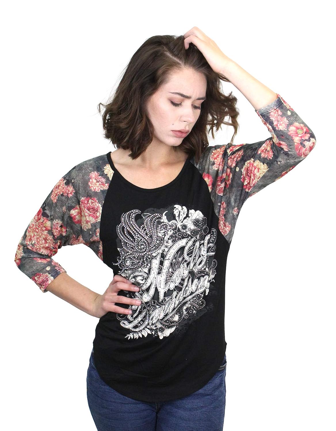 Harley-Davidson Womens Butterfly Floral Design with Rhinestones Black 3/4 Sleeve by MJck