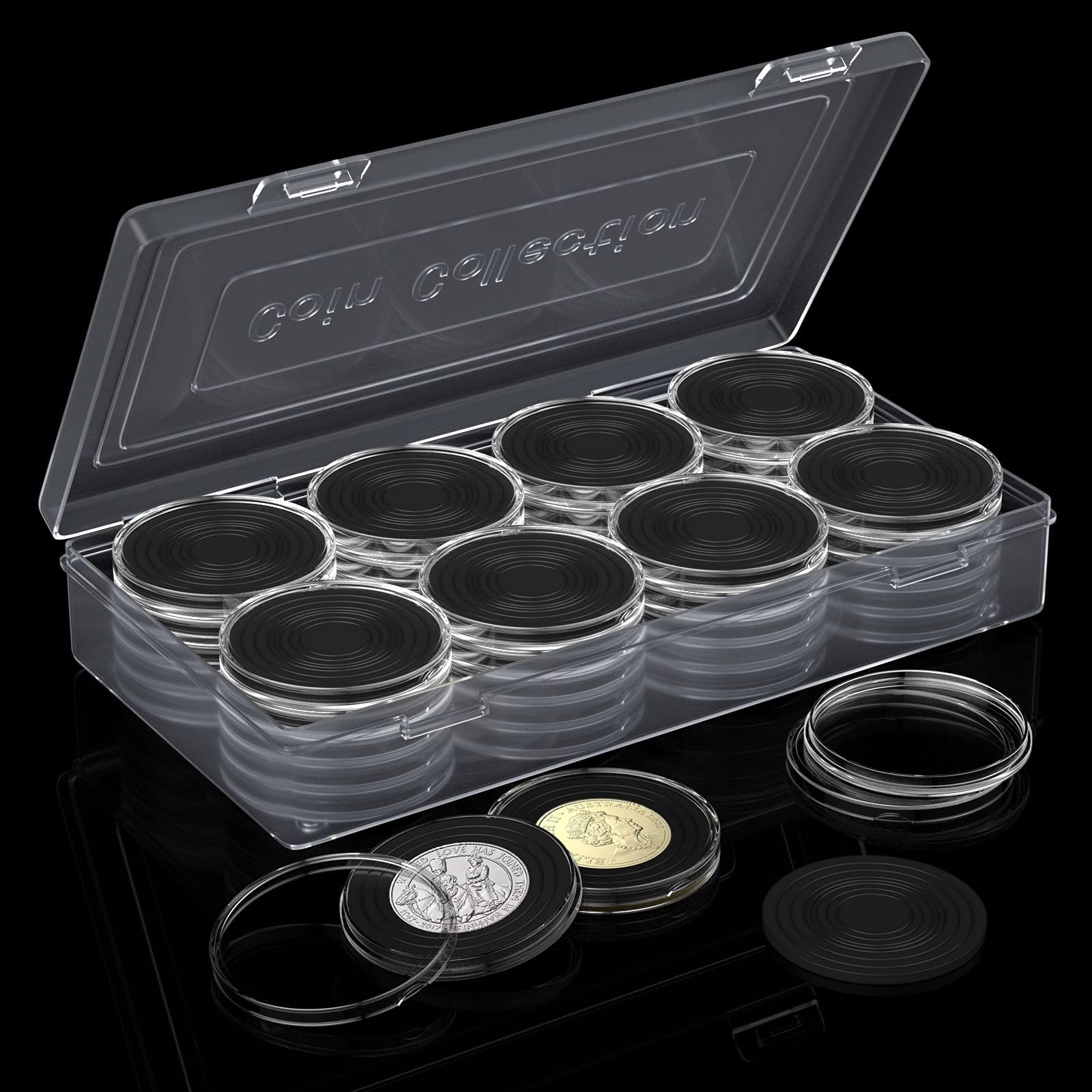wlertcop Coin Capsules 40pcs 46mm with Foam Gasket Clear Round Coin Holder Case C oin Storage Container Box with Organiser Box for Collection Supplies, 8 Sizes