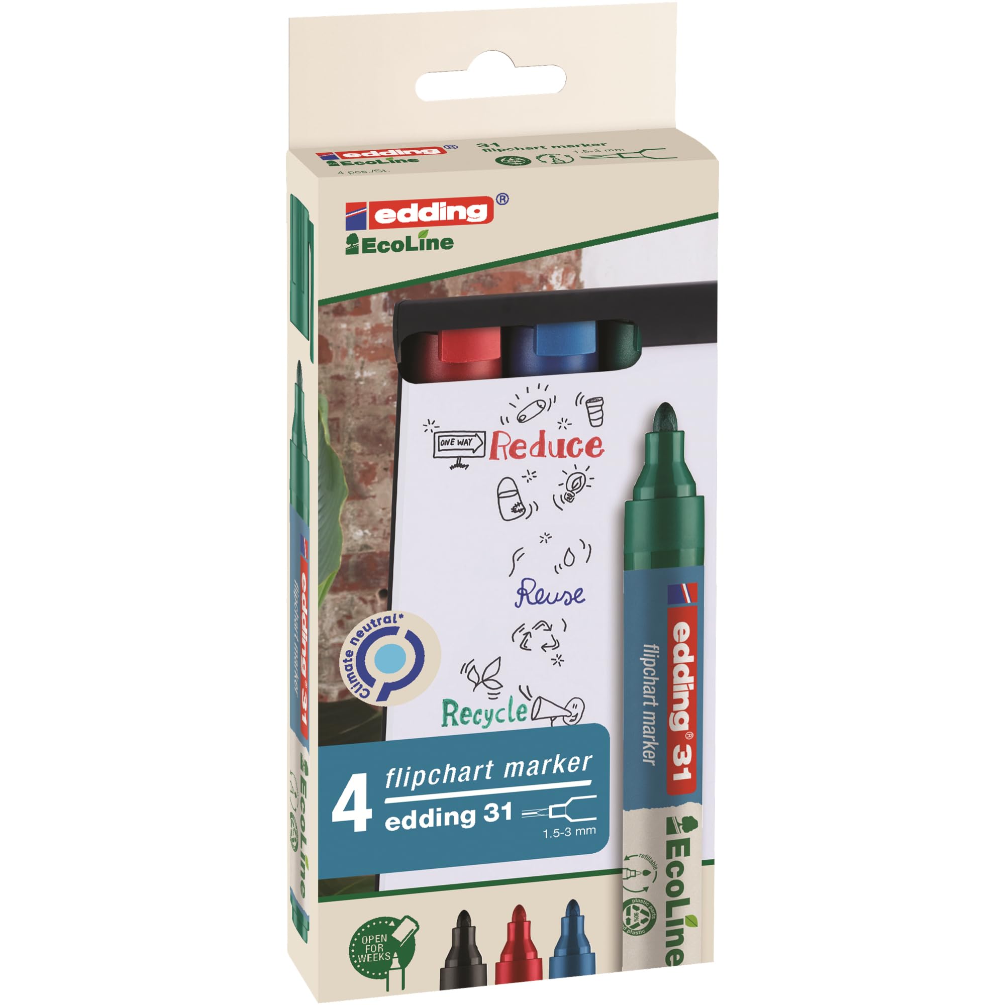 edding 31 EcoLine flipchart marker set - multi-coloured - 4 pens - round nib 1.5-3 mm - marker for writing, drawing and marking on flipchart paper - does not bleed through - refillable
